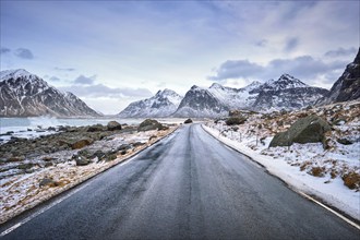 Road in Norwegian fjord. Lofoten islands, Norway, Europe