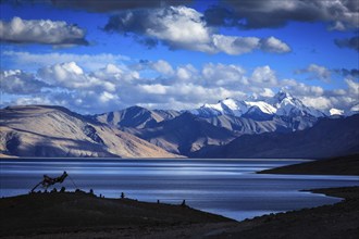 Buddhist prayer flags lungta at Himalayan lake Tso Moriri on sunset, Korzok, Ladakh, India, Asia