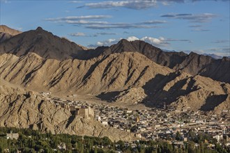 View of Leh from above from Shanti Stupa on sunset. Ladakh, Jammu and Kashmir, India, Asia