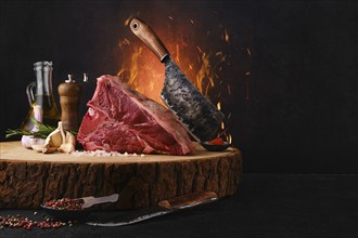 Raw porterhouse steak with ingredients for cooking on wooden log