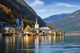 Austrian tourist destination Hallstatt village on Hallstatter See lake in Austrian alps.