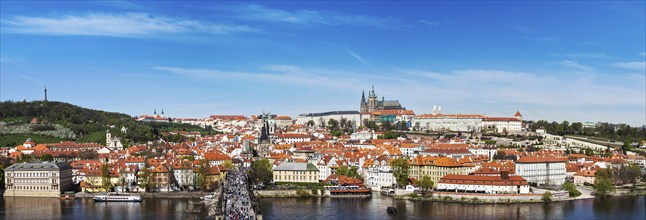 Panorama of Prague: Mala Strana, Charles bridge and Prague castle from Old Town bridge tower over