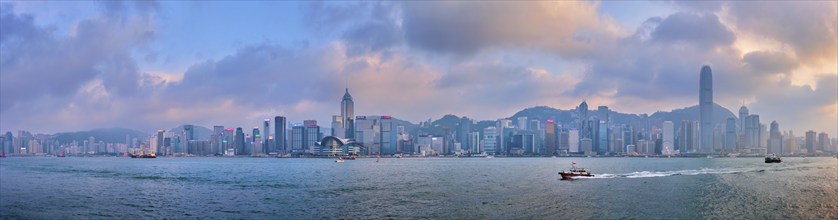 HONG KONG, CHINA, APRIL 28, 2018: Panorama of Hong Kong skyline cityscape downtown skyscrapers over