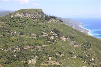 View from the village of Castelmola near Taormina into the mountainous landscape, Sicily, Italy,