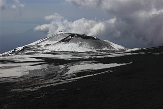 Volcanic landscape at the secondary crater of Etna, Etna, Etna with snow, Sicily, Italy, Europe