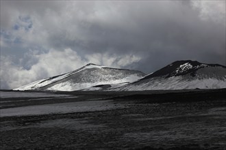 Volcanic landscape at the secondary crater of Etna, Etna, Etna with snow, Sicily, Italy, Europe