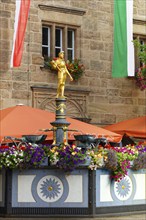 Margrave George Fountain, polygonal iron basin, gilded knight figure stands on richly decorated