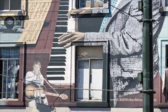 Mural, Jazz Mural, detail with pianist, guitarist and singer, artist Bill Weber, North Beach, San