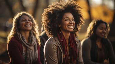 Several african american female friends getting together in the park for some yoga exercise.