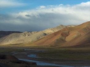 Mountain landscape and plain with riverbed in the highlands of Tibet, China, Asia