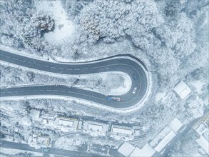 Aerial view Snowy serpentine road surrounded by trees from the air, Black Forest, Calw, Germany,