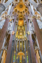 Interior view of the Familia Sagrada by the architect Antonio Gaudi in Barcelona, Spain, Europe