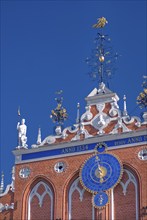 The Blackheads' House with the roof figures and the astronomical clock with moon phases, the signs