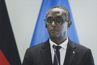 Vincent Biruta, Foreign Minister of Rwanda, pictured at a joint press conference with Annalena