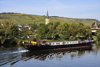 Barge travelling on the Moselle past the village of Trittenheim, Rhineland-Palatinate