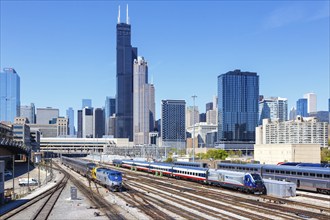 Skyline with Amtrak trains railway railway at Union Station in Chicago, USA, North America