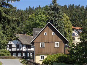 Half-timbered houses and Umgebindehäuser on Dorfstraße, Lückendorf, Zittauer Gebirge, Saxony,