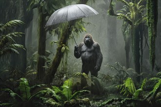 Gorilla with an umbrella under rain in the rainforest, Ai Generated