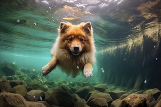 German Spitz diving in a river, AI Generated