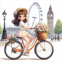 Cute anime girl on bicycle with flowers in the city of London. AI generated