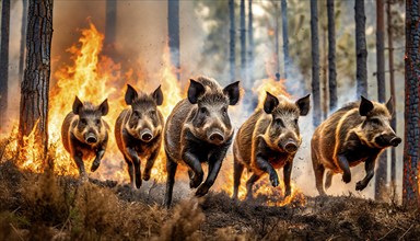 Climate change, global warming, environmental catastrophe, a herd of wild boars flees in great