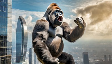 The fictional giant ape King Kong looms over the roof of a skyscraper in New York, AI generated