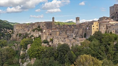 Panoramic view of medieval hill town of Sorano, Tuscany, Italy, Europe