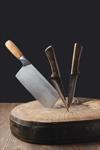 Cleaver and knives stick in wooden stump