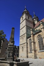 The city church, Holy Trinity, and the obelisk fountain in the city centre, Bayreuth, Upper