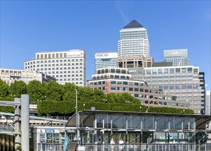 High rise office blocks of banks and financial companies, Canary Wharf, Docklands, London, England,