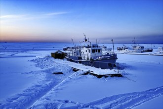 Diving boat in the snow, Irkutsk, Siberia, Russia, Europe