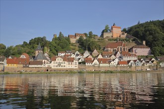 Townscape of Hirschhorn am Neckar with castle, monastery church and market church, Neckar valley,