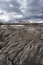 Petrified lava, lava fields and snow-covered volcanic landscape, crater of Askja volcano, Icelandic