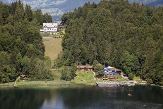 Freibergsee with lido, view from the Heini-Klopfer ski jump, Oberstdorf, Oberallgäu, Allgäu,