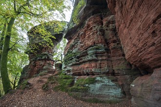 Old castle rock, red sandstone rock formation, natural and cultural monument, Brechenberg near