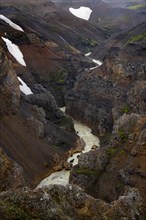 River in a gorge, foot of Asgardsa, volcanic landscape with black and red rocks, Kerlingarfjöll,