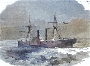 Steamboat trapped in ice on the coast of Denmark, 1869, Historic, digitally restored reproduction