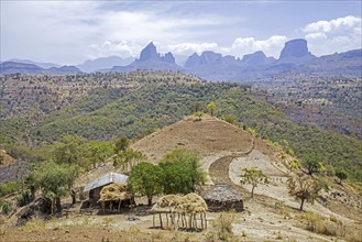 Little farm and view over the Semien Mountains, Simien Mountains, part of the Ethiopian Highlands,