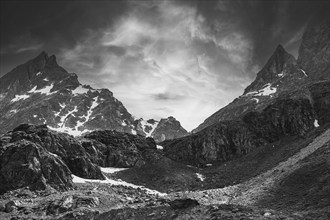 Sunset in the Valais Alps, black and white photo, near Grimentz, Val d'Anniviers, Valais Alps,