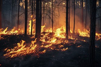 A forest wildfire is raging through a wooded area. Trees are on fire and flames are spreading