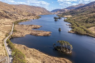 Aerial view of island Dumbledore's Grave, Harry Potter film location, lake Loch Eilt, scottisch