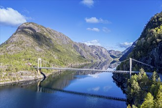 Aerial view, suspension bridge over the Erfjord, clouds to be reflected in the calm water of the