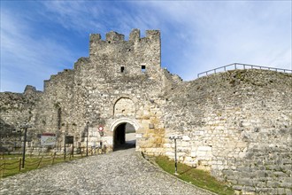 Defensive walls ramparts at entrance to Berat Castle UNESCO World Heritage Site, Berat, Albania,