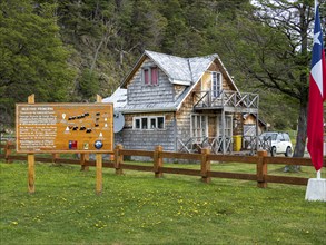 Villa o' Higgins, at the central park, information board about glaciers and huemul wildlife in the