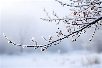 Bare tree branch covered in frost, isolated against a foggy, white winter landscape, AI generated