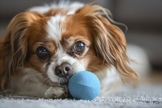 Cute small dog with blue ball. Generative Ai, AI generated