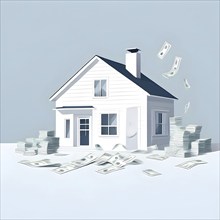 Minimalist render of a residential house with money scattered around as symbol of of investment