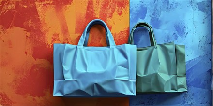 Assorted vibrant shopping bags lined up in front of a colored background, AI generated