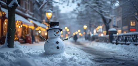 Snowman in an idylic winter urban scenery, snow-covered streets and buildings in background,