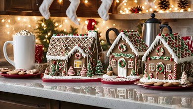 Kitchen counter filled with Christmas cookies, gingerbread houses, and mugs of hot chocolate, with